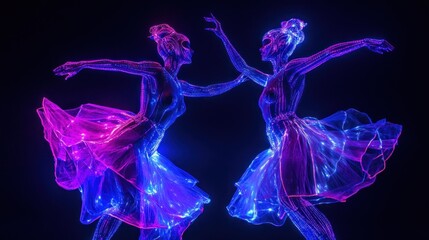 Two glowing women in flowing dresses pose against a black background.