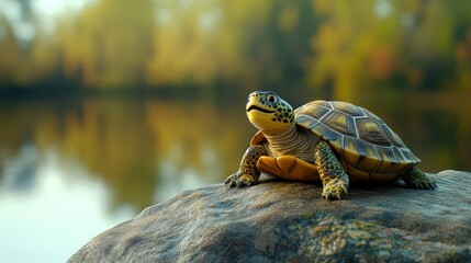 Poster - A turtle perched on a rock by a tranquil lake, surrounded by soft natural scenery.