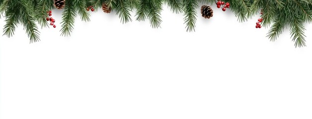 Wall Mural - A vibrant Christmas garland made of lush pine branches, decorated with natural cones and bright red berries, ideal for enhancing festive designs and marketing materials