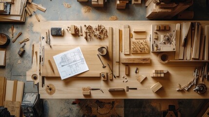 Wall Mural - A woodworking workspace with tools, plans, and materials for crafting.