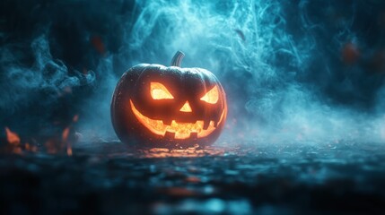 Canvas Print - A glowing Halloween pumpkin surrounded by mist, evoking a spooky atmosphere.