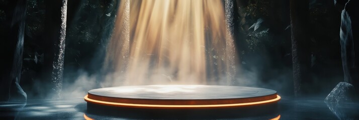 Mystical forest podium, ethereal light beams, golden sunrays, foggy atmosphere, ancient stone pillars, circular platform, glowing orange trim, reflective water surface, magical ambiance, fantasy setti