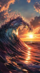 Wall Mural -  A painting of a wave in the ocean, sun setting behind, clouds in the foreground