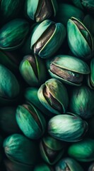 Canvas Print -  A tight shot of pistachios with green leaves atop them