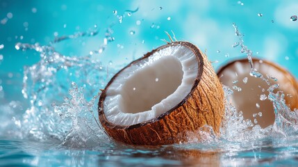 Canvas Print -  A tight shot of a coconut submerged in water, splashing as it releases water from within