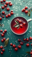 Sticker -  A glass of cranberry juice with floating berries and leaves against a blue backdrop, adorned by water droplets