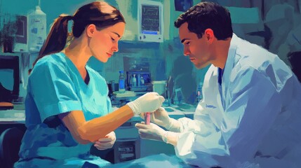 Sticker - Two medical professionals working together in a lab setting, focused on a test tube.