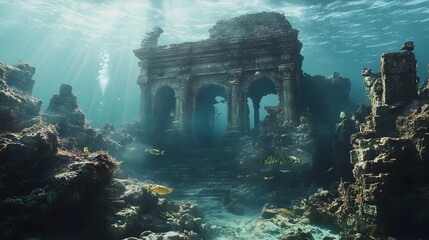 Captivating underwater scene featuring a sunken ancient ruins teeming with vibrant aquatic life and a diverse marine ecosystem in the serene ocean depths