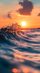 Wall Mural -  The sun sets over the ocean, a wave foreground, a small boat distances