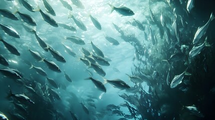 Captivating underwater scene showcasing a vast bountiful school of shimmering silver fish swimming gracefully through the crystal clear blue waters of a thriving marine ecosystem