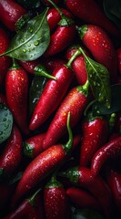 Sticker -  A tight shot of red peppers, piled high, adorned with verdant leaves, and speckled with water droplets atop