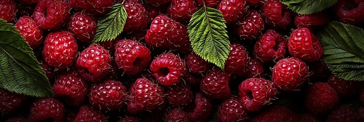 Wall Mural -  A pile of red raspberries with green leaves; one raspberry on top has green leaves, while the others are red