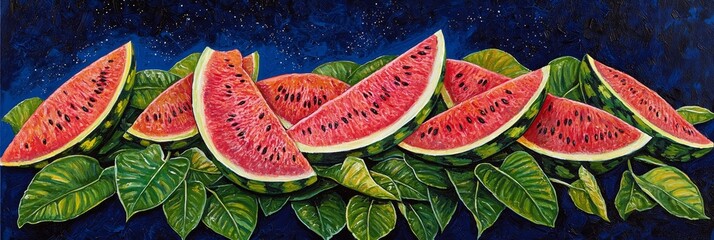 Wall Mural -  A painting of watermelon slices and leaves against a blue backdrop, featuring a blue sky in the distance