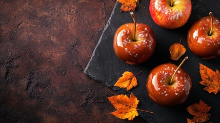 Poster - A delicious display of caramel apples with autumn leaves on a rustic surface.