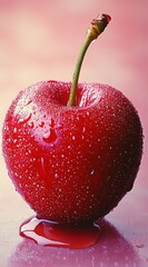 Sticker -  A red apple with a stem protruding from its center and water droplets on its surface