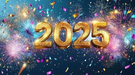 Bright and festive Happy New Year 2025 banner with large golden 