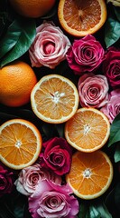 Sticker -  A collection of oranges and pink roses; oranges arranged separately, roses in a bunch, oranges atop them