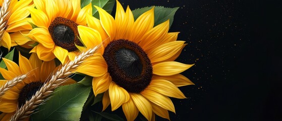  A painting of sunflowers in a bunch, their green leaves contrasting against a black background, adorned with specks or droplets