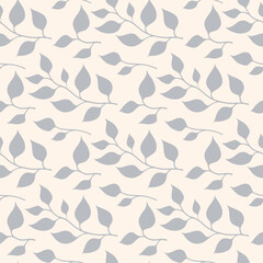 Wall Mural - Vector abstract floral seamless pattern. Elegant botanical ornament texture with leaves, foliage silhouettes, branches. Simple minimal leaf background in gray and beige color. Stylish repeated design