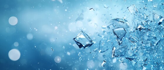 Canvas Print -  A collection of ice cubes bobbing atop a blue waterbody, speckled with water droplets under the sun