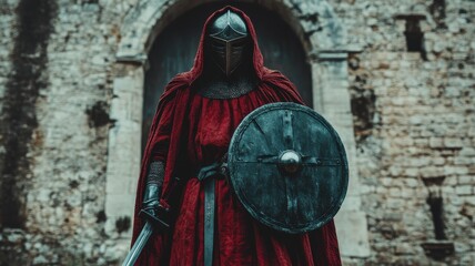 Knight in red cloak with shield and sword, standing before ancient stone wall.