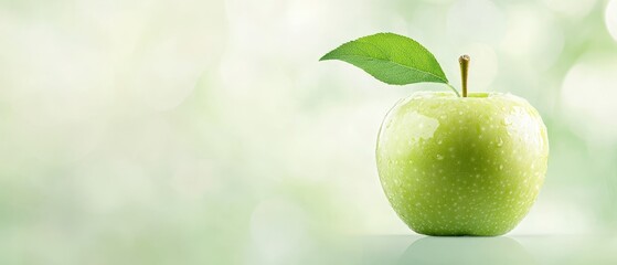 Wall Mural -  A green apple rests atop a table, its stem extending from the top, bearing a leaf