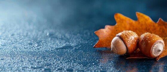  A few nuts atop a blue surface, adjacent to an orange leaf dotted with water droplets