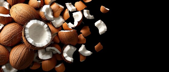 Wall Mural -  A table holds a pile of intact coconuts and another of chopped coconut pieces