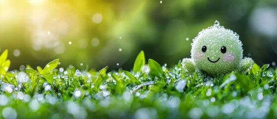 Wall Mural -  A green toy sits in the grass, smiling, with water droplets on its body