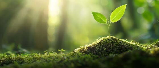 Poster -  A small green plant emerges from a mound of moss in a sunlit forest, sunlight filtering through the trees