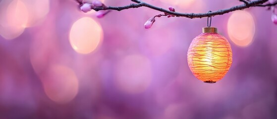 Poster -  A yellow lantern suspends from a tree branch against a softly blurred backdrop of pink and purple blooms and branches