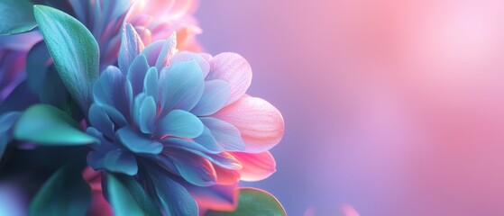 Sticker -  A tight shot of various blooms against a pink and blue backdrop, softened by a hazy, diffused light behind