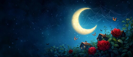 Wall Mural - full moon, red-rosed house in foreground, butterflies in background