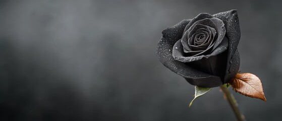 Sticker -  A solitary black rose, dewdrops glistening on its petals, and a bronzed leaf atop its stem