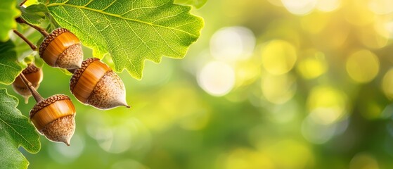  Three acorns suspended from a single green leaf, tree branch against a backdrop of sunlight filtering through the foliage