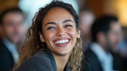 Close-up portrait of a young woman with curly hair smiling brightly