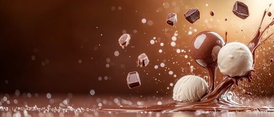 Wall Mural -  Three scoops of ice cream atop a chocolate puddle on a brown tablecloth