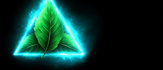 Wall Mural -  A triangular green leaf radiating light against a black backdrop Light emanates from its tip