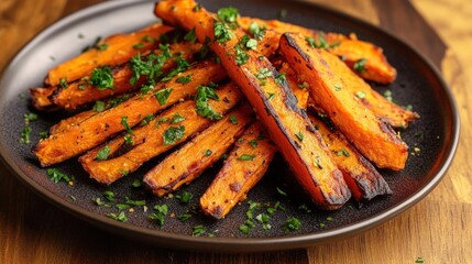 Wall Mural - A plate of crispy sweet potato fries garnished with fresh parsley.