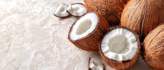 Wall Mural -  A heap of coconuts on a white countertop Nearby, a similar pile on a table