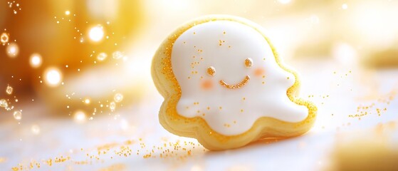 Wall Mural -  A ghost-shaped cookie with a smiling face and golden sprinkles for eyes