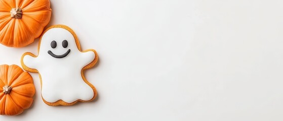  A ghost-shaped cookie next to two mini pumpkin cookies on a white background One pumpkin cookie features a happy face