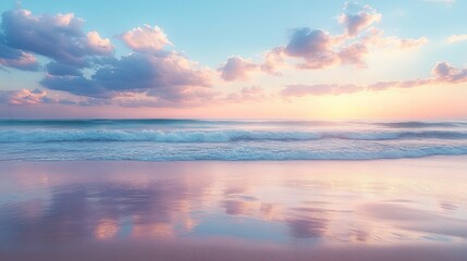 Wall Mural - Serene Sunset Over Tranquil Ocean Waves and Pink Sandy Beach