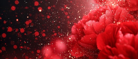 Poster -  Close-up of a red flower against a black backdrop, adorned with water droplets on its petals