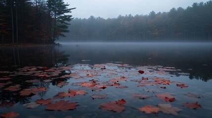 Sticker - A misty lake with fallen autumn leaves floating on the surface.