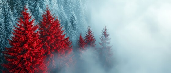 Wall Mural -  A foggy forest with red trees in the foreground and a blue sky with clouds in the background (Corrected background to back ground to match the inconsistent capital