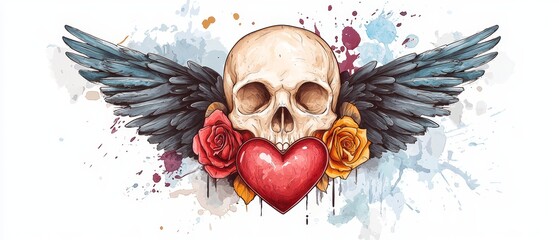 Wall Mural -  A watercolor painting of a skull adorned with wings, and a heart surrounded by roses – roses also accompanying its sides