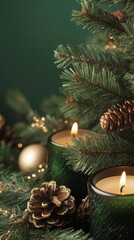 Wall Mural -  A few candles atop a Christmas tree, adjacent to a solitary pinecone; a pinecone perched atop a genuine pine tree