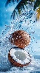 Wall Mural -  A tight shot of a coconut submerged in water, with a spray of droplets, and a palm tree looming in the backdrop