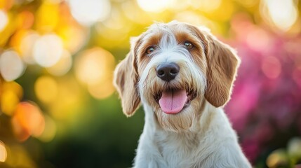 A cheerful dog with a playful expression against a vibrant, blurred background.